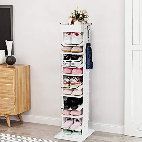 Multigot 11-Tier Shoe Rack, 360° Rotating Shoe Shelf with 2 Hooks, Freestanding Shoe Storage Organiser Hallway Display Stand Unit for Entryway Bedroom Living Room(White)
