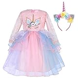 ❤❤ Moda y diseño moderno, corpiño manga larga con apliques de unicornio lindos y una decoración de flores de colores, diseñado con múltiples tul y peplum tutu, haz que tu niña sea más hermosa y atractiva.