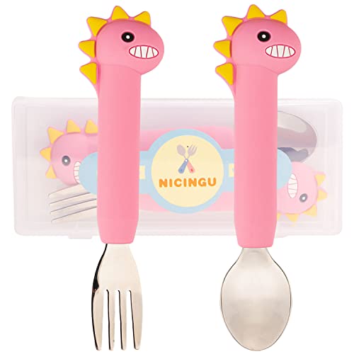 Nicingu Kids Silverware With Silicone Handle,Dinosaur Baby Spoons+Fork,Toddler Utensils #TOP6