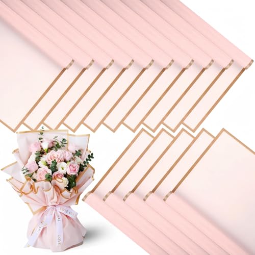 Bouquet Wrapping Paper - 20 Sheets Pink Flower Wrapping Paper with Gold Edges, Double Sided Waterproof Gift Wrap for Wedding/Birthday/Festival, 58x58cm Floral Packaging Sheets