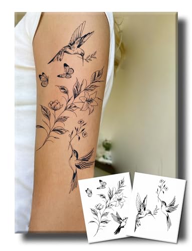 UBICA 2 Sheets Long Lasting Hummingbird Temporary Fake Tattoos For Men Women Adults Arm,Lily Leaves Semi Permanent Tattoo For Adults Girl, Waterproof Non-Reflective, Valentine's Day gifting