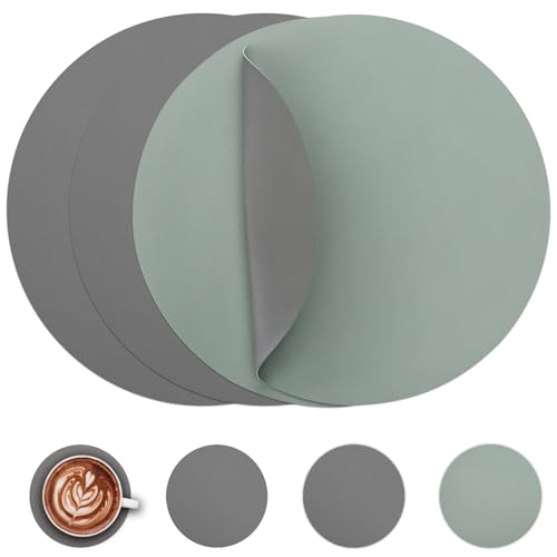 Image of Myir JUN Round Table Placemats Set of 4 Faux Leather Place Mats and Coasters 15 inch Round Dual Sided Placemats Non-Slip Wipe Clean Stain Resistant (Gray Sage green,Set of 4)