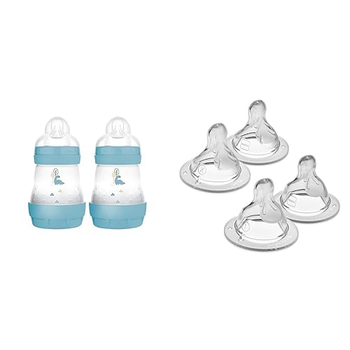 MAM Biberones anticólicos, 5 onzas (2 unidades), pezones de flujo lento y pezón de flujo extra lento a lento, paquete de 4 para recién nacidos y