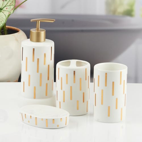 Image of SaSaSa Ceramic Bathroom Accessories Set of 4 Modern Bath Set with Soap Dispenser & Toothbrush Holder, Luxury Home & Gift Idea (11374)
