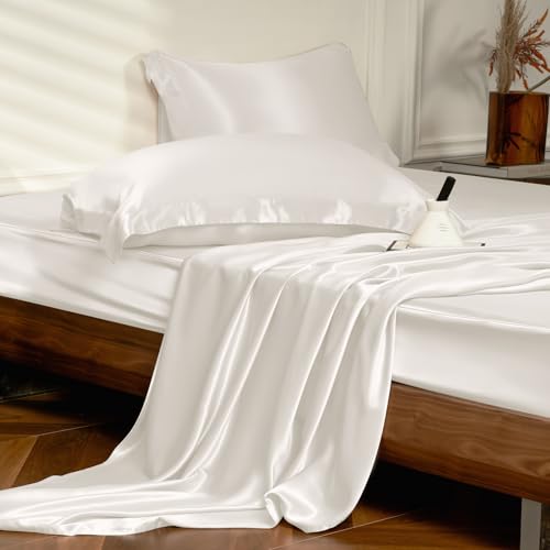 THXSILK 4pcs Silk Bed Sheets Set, 100% Long Stranded 25 Momme Mulberry Silk Bedding Set, Sheets and Pillowcase Set, Extremely Soft and Luxurious (White, California King)