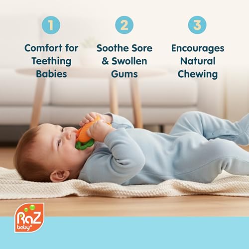 RaZbaby Carrot Teether – Gentle Relief & Sensory Development Support with Safe, Food-Grade Silicone; Nature-Inspired Texture Soothes Sore Gums; 100% BPA-Free Teething Toy for All Ages by RAZBABY - Image 5