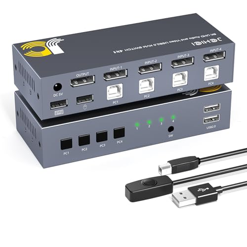 Commutateur KVM DP 4 voies pour un bureau épuré sans câbles avec 4 ordinateurs connectés