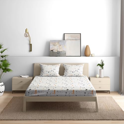 Image of Wakefit 200 TC Flat 100% Cotton Printed Bedsheet, Flora Queen Size (100x90 Inches) / (2.54m*2.29m) with 2 Pillow Covers Flora, Double