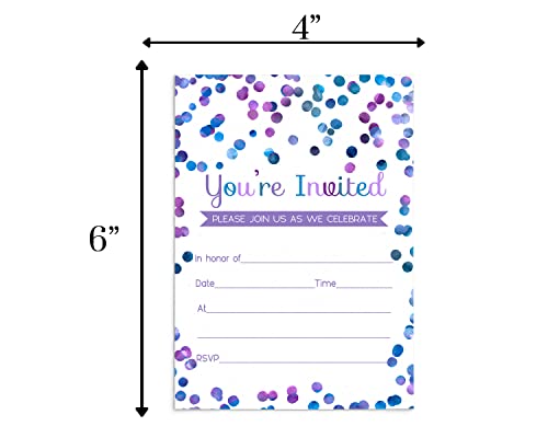 Purple Confetti Invitations With Envelopes (15 Pack) Invites For Girls Birthday, Baby Shower, Teens, Kids, Graduation, Any Party – Abstract Watercolor Dot Theme – Personalize Blank Cards 4X6 Set #TOP4