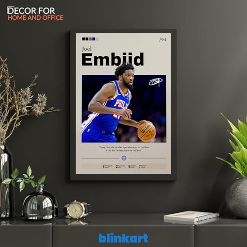 Image of BLINKART Joel Embiid | Nba Basketball Player | Synthetic Wood Photo Framed Wall Hanging Poster For Room & Office Bedroom Living Boys And Girl Room Home Wall Hanging | 12x18 Inches