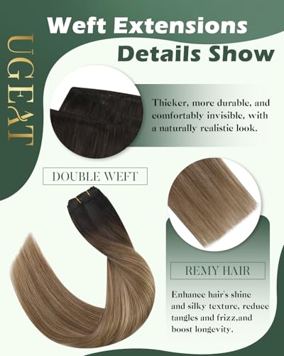 Image of Ugeat Balayage Human Hair Weft Extensions Ombre Sew in Weft Hair Extensions Human Hair Darkest Brown Balayage Medium Mix Golden Brown Invisible Double Weft 16 Inch 100G