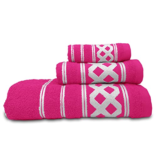 briebe Home Juego de Toallas Baño 100% algodón Rizo 450gr, Set 3 Piezas, Amazonica Basic, 3 Tamaños Ducha Sábana, Manos, Tocador, Cenefa Rombos Bordada, Hecho en Portugal, Fucsia