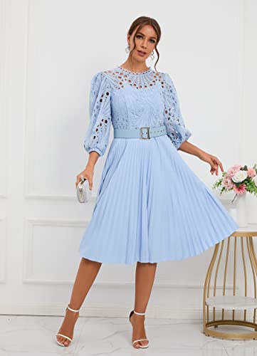 IWFEV Lace Pleated Dress Puff Sleeve Mid-Calf Short Sleeve Midi Dress Hollow Party Evening Dress4
