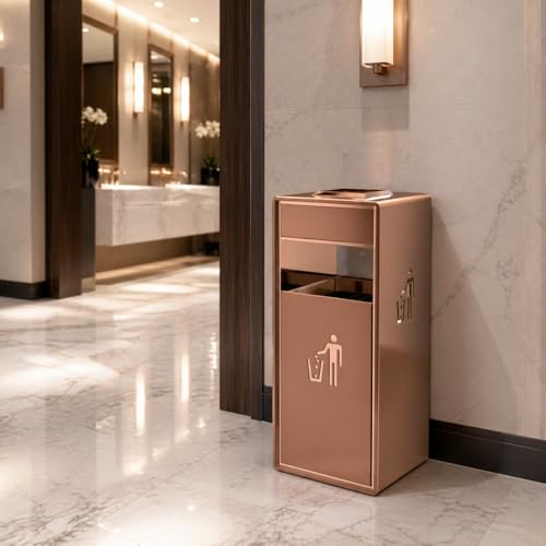 Outdoor Trash Can with Lid, 51L/13.5 Gal-Lockable Commercial Trash Can with Nature Stone Panels, Heavy-Duty Rustproof Metal Garbage Can with Removable Liner for Parks & Public Spaces (Gold, ash) - Image 7