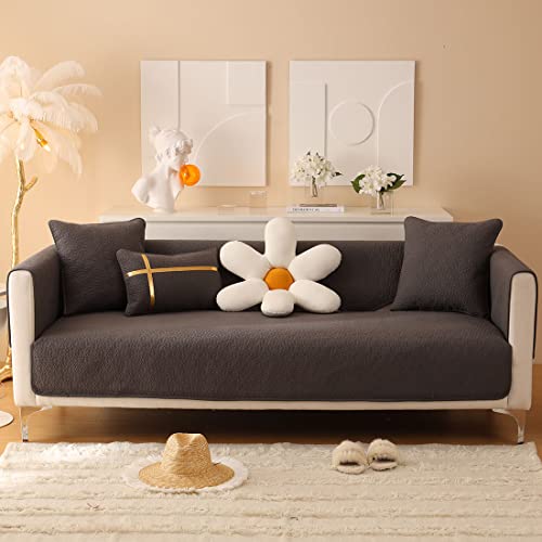 Vctops Floral Embroidered Cotton Sofa Slipcover Farmhouse Solid Color Non-Slip Sectional Couch Covers Soft Warm Quilted Sofa Couch Cover Furniture Protector (Brown,43"X94") #TOP19
