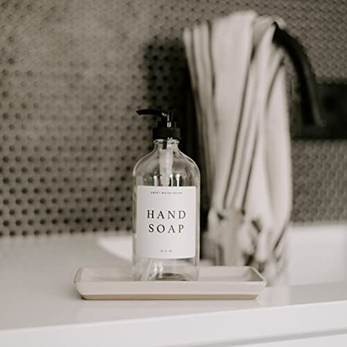 Sweet Water Decor Clear Glass Jar | Refill Hand Soap Dispenser | 16 Oz Refillable Bottle With Pump | White Waterproof Label With Black Text| Rustic, Modern, Farmhouse Gift (Hand Soap) #TOP7