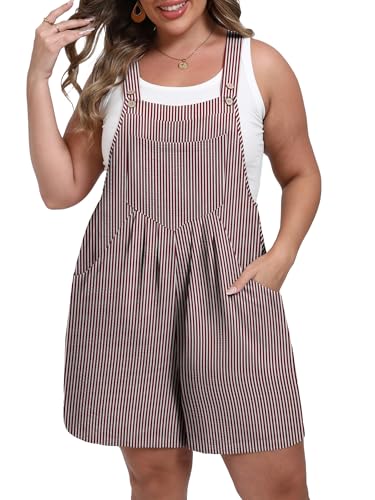 OLRIK Plus Size Jumpsuit for Curvy Women Dressy Casual Bib Shorts Elegant Sleeveless Short Overalls Cruise Outfits Holiday Wear Red White Stripe-3X