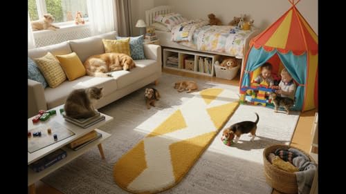 Image of Fluffy Silky Micro Fiber Polyster Carpet /Runner for Bedroom, Study Room, Playing Room, Guest Room ETC. 2x5 Feet, (Yellow and Ivory Chevron Pattern)