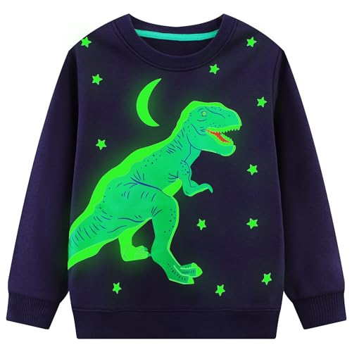 Image of FILOWA Sweatshirt Boys Kids Cotton Glow in the Dark Sweater Crew Neck Jumper Navy Blue Dinosaur Pattern Pullover Warm Long Sleeve Top Outdoor Autumn Winter School for Children 5-6 Years