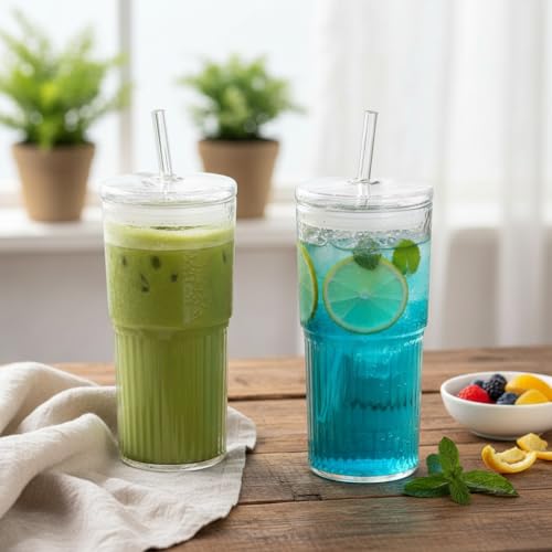 Image of ginoya brothers 600ml Glass Mason Tumbler with Lid and Straw - Leakproof Reusable Drinking Cup for Juice, Smoothies, Iced Coffee, Tea, Cold Beverages. (Pack of 1)