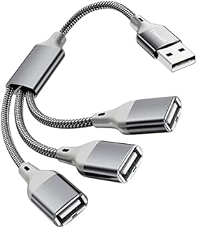 USB Splitter Y Cable,1 Pack 0.3M USB A 1 Male to 3 Female Extension Nylon Braided Cord Converter,3 USB Port Extender Hub Data Charger Power Split Adapter for Mac,Car,Xbox One,PS4,PS5,Laptop,LED,Gray.