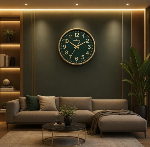 Image of Elica Fashion Round Wall Clock, Green & Gold, Roman Numerals, Decorative Home Decor for Living Room (Gold-FF)
