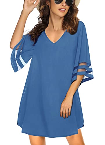 Vancavoo Strandklänning dam strandtunika sommar bikini baddräkt cover up djup v-ringad strandponcho strand kimono bohoklänning med 3/4 utsvängda ärmar, blå, En Storlek
