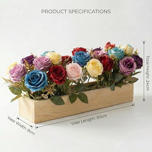 Image of Dekorly Artificial Multi Color Roses Flower Arrangement with Wooden Planter (24 CM) | Premium Realistic Floral Decor for Table & Living Room | Stylish Indoor Decor for Living Room