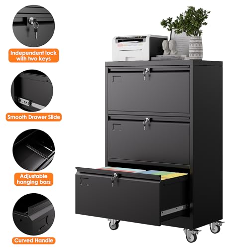 Image of Aobabo 3 Drawer Lateral File Cabinet with Wheels, Lockable Metal Filing Cabinet for Home Office, Legal /Letter Size,Black,Required Assembled