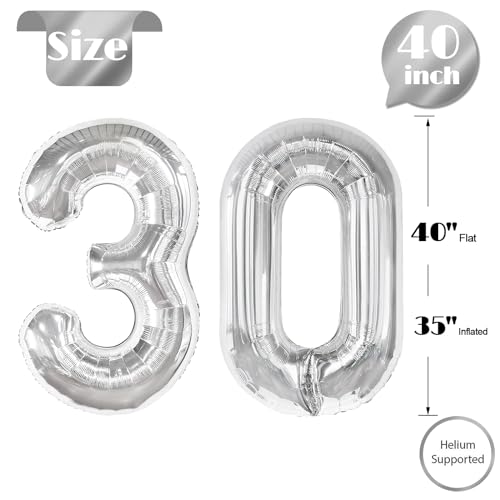 Image of Silver Number 30 Balloon 40 inch, 30 Number Balloons, 30th Silver Birthday Decorations, 30 Year Old Women Men Silver Party Supplies