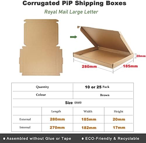 Corrugated Cardboard Shipping Boxes, 280x185x20mm Royal Mail Large Letter PiP Postal Boxes for Posting, Brown Packaging Mailing Boxes for Business, Storing or Gift (Pack of 10)
