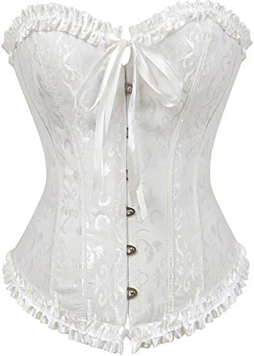 Women Satin Bustiers Corsets Wedding Push Up Brocade Pattern Lace Through Top White 7XL