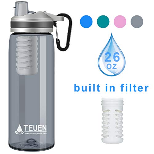 TEUEN Filtro Agua Botella 770ml Filtro Purificador de Agua Portatil Elimina Bacterias y Protozoos, 2000L Sistema de Filtración de Agua Filtro de Agua para Supervivencia Acampada Emergencia (Gris)