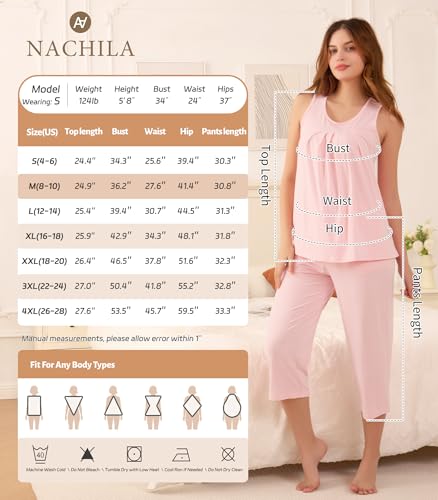 Image of NACHILA Pajamas for Women-Viscose Made from Bamboo, Sleeveless Pjs Tank Top Capri Pants Pajama Sets Cooling Sleepwear