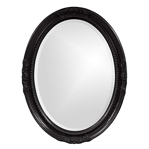 Image of Howard Elliott Queen Ann Oval Glossy Black Wall Mirror, Oval Bevelled Hanging Wood Framed Vanity Mirrors for Home Decor, Living Room, Bathroom, Bedroom, or Hallway, 25 x 33 Inch