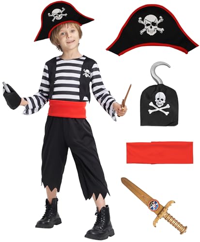 IKALI Kinderkostüm Pirat- 6 teiliges Piratenkostüm für Jungen, Karneval Halloween Party Outfit mit Augenklappe, Kopfband...