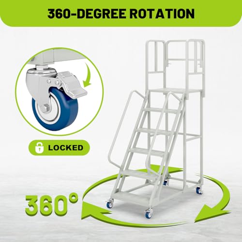 Image of 6-Step 24''Wx90''H Rolling Ladder with Dual Handrails, Lockable Wheels,1200LBS Capacity Industrial Warehouse Rolling Stairs, Heavy Duty Mobile Platform Ladder for Warehouse, Supermarket, Garage