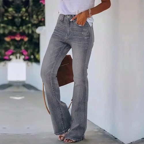 Straight Leg Jeans for Women Stretchy Distressed Flare Jeans Mid Rise Pull-On Elastic Waist Button Fly Denim Pants4