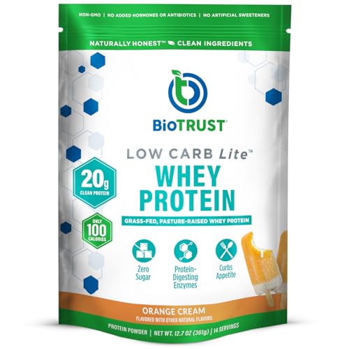 BioTrust Low Carb Lite, 20 Grams of Grass-Fed Whey Protein Isolate, 100 Calories, ProHydrolase Digestive Enzymes, Non-GMO, Free from Soy and Gluten, rBGH-Free (14 Servings) (Orange Cream)