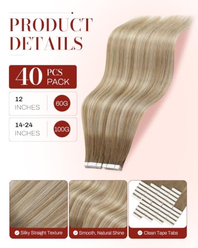 Image of Moresoo Tape Ins Human Hair Extensions Ash Brown Blonde 16in 40Pcs 100g | Blonde tape in extensions, added density, fine blonde ribbons, straight strands for brushed-out waves and event styling