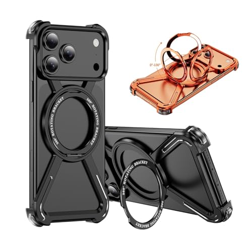 IPhone 17 Pro Max / 17 Pro 用 ケース メタル製 マグネット式 放熱構造 フレームレス 薄型デザイン 360°回転スタンド付き 耐衝撃 保護カバー ワイヤレス充電対応(Black,17 Pro)