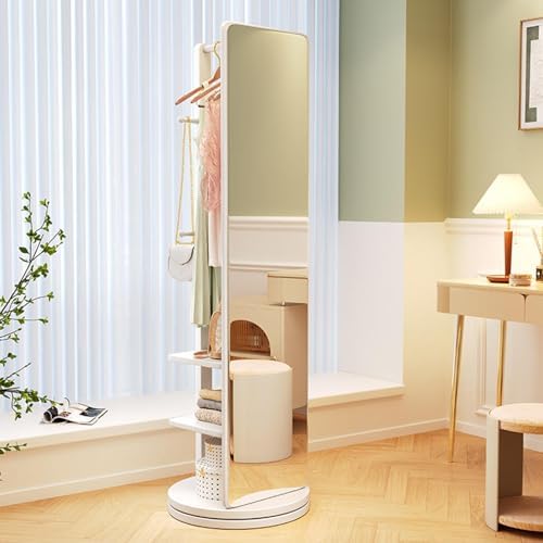 360° Rotatable Full Length Mirror - Solid Wood Floor Standing Body Mirror with Coat Rack, Hooks & Shelves - Perfect for Living Room, Bedroom, Cloakroom Decor