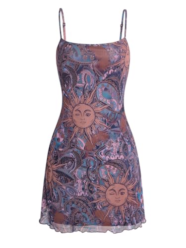 Image of Milumia Women's Summer Mini Dress 90s Boho A Line Mesh Short Dresses | Spaghetti Strap,Sleeveless,Vintage,Paisley Print,Festival Outfits,Cowgirl,Y2k,Goth,