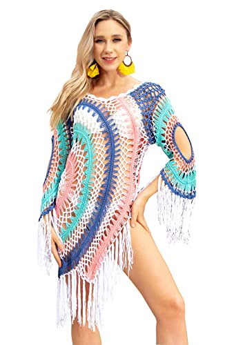 BOUTIKS Damen Bikini Cover Up Bohemian Stil Handgemachte Häkel Mini Strandkleid mit Fransen Hohlmuster, Sommerliche Ausgehöhlte Strand Quasten...