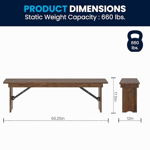 BizChair Hercules Commercial Farmhouse Folding Bench, Antique Solid Pine Entryway Bench, Foldable Locking Legs, 60" x 12", Antique Rustic - Thumbnail 2