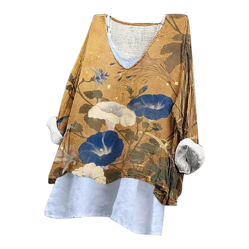 Camisetas femininas plus size de linho de manga comprida com gola V, retrô, estilo retrô, estilo ver