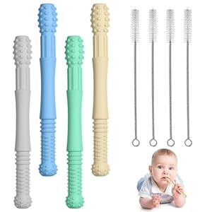 Vicloon Beißring Baby, 8-Teiliges Set Baby Beißröhrchen Silikon, 4 Stück Zahnungshilfe +4 Stück Reinigungsbürste für Baby 6-12 Monate Sensorisches Kauen Molar Spielzeug (Blau/Grün/Khaki/Grau)