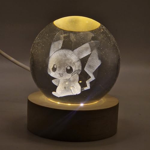 Creative Visualization lamp Luce Notturna a Sfera in Cristallo 3D – Incisione Personaggio Anime (Pikachu Style), Base LED in Legno, Regalo Originale