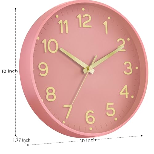 Image of Roymnie Silent Wall Clocks Battery Operated 10 Inch-Modern Non Ticking Analog Clock Decorative for Kitchen Office Bathroom Bedroom(Pink Gold)