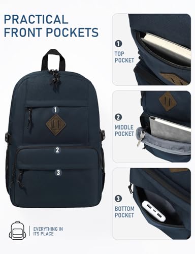 Image of Kasqo School Backpack, 20L Dual Compartment Bookbag for Boys Teens, Navy | 20L, Machine Washable, Water-Resistant, Fit 15.6 Inch Laptop, Dual Main Compartment, 8 Pockets, Side Compression Buckles